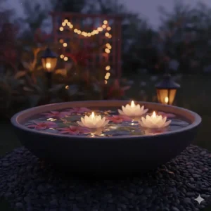 Beleuchtete stimmungsvolle Gartendeko Wasserschale am Abend.