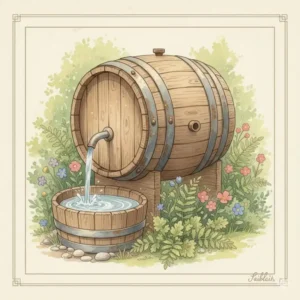 Wasserspiel aus einem rustikalen Holzfass: Beruhigende gartendeko rustikal mit traditionellem Flair.