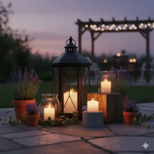 Stimmungsvolles Arrangement verschiedener Gartendeko Kerzenhalter Outdoor für eine gemütliche Abendatmosphäre.