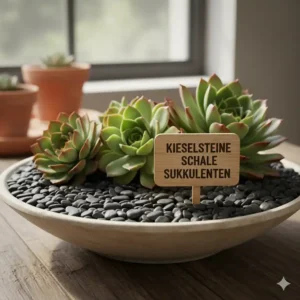 Eine Sukkulente im Topf, deren Erde mit kleinen, schwarzen Gartendeko Kieselsteine bedeckt ist.