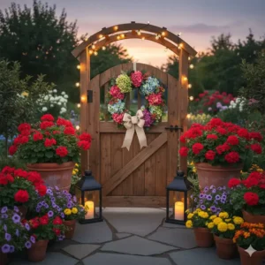 Einladende Gartendeko Sommer Ideen: Laternen und Kranz zur Dekoration des Eingangsbereichs.