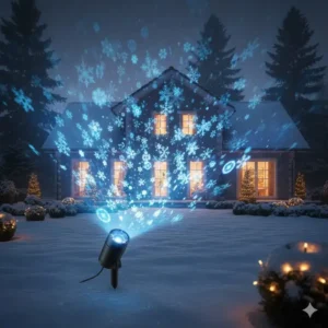 Gartendeko Weihnachten Lichter-Projektion mit tanzenden Schneeflocken an der Hauswand.
