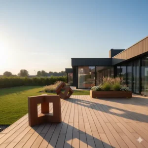 Geometrische Holzdeko-Elemente auf einer Terrasse – modernes Gartendeko Holz