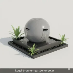 Moderner Kugel-Brunnen als Gartendeko mit Solar-Panel.