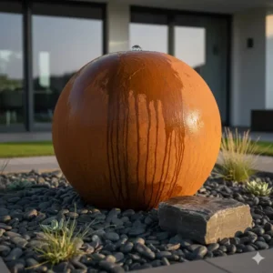 Rost-Optik gartendeko wasser kugeln in einem modernen Steingarten.