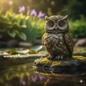 Nahaufnahme einer Stein-Eule Gartendeko Teich Figuren mit Moos an der Teichkante.