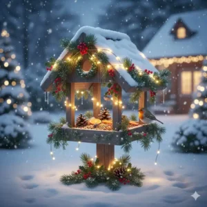 Dekoriertes Vogelhaus mit natürlichen Materialien als natürliche gartendeko winter deko.