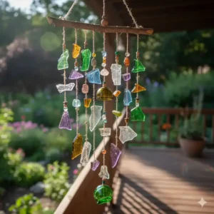 Nahaufnahme eines handgefertigten Windspiels, hergestellt aus verschiedenen farbigen Glasstücken als Gartendeko aus Altglas auf einer Terrasse.