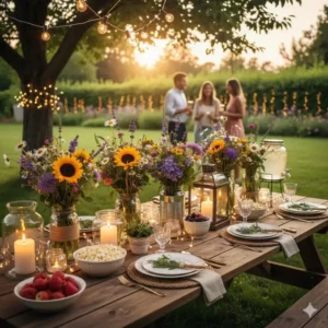 Gartendeko Tischdeko Garten DIY für eine sommerliche Gartenparty mit frischen Blumen und Lichtern.