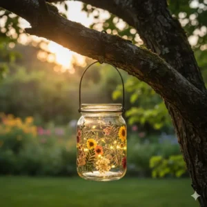 Ein Upcycling Glaswindlicht mit Drahtbügel ist kreative gartendeko am baum hängen an einem Ast.