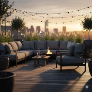 Stilvolle, graue gartendeko sitzkissen outdoor für moderne Loungemöbel auf der Holzterrasse.