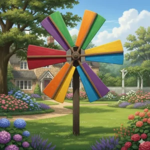 Großes, robustes Holz-Windrad, mehrfarbig und wetterfest, perfekt als gartendeko windrad bunt Blickfang für den Vorgarten oder die Terrasse.