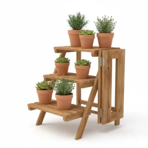 Detailansicht einer klappbaren holz blumentreppe mit rustikalem Design und platzsparend.