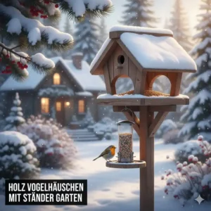 Stabiles gartendeko vogelhäuschen holz auf einem holzständer, ein attraktives futterhaus für den garten.