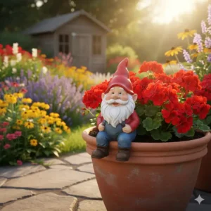 Lustiger Keramik-Gartenzwerg als Gartendeko Blumentopf Figur auf der Terrasse.