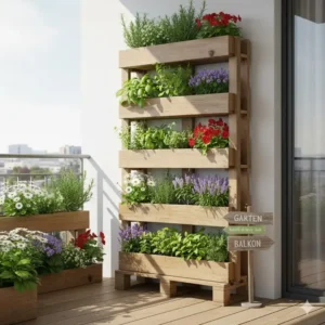 DIY Gartendeko aus Paletten: Hohes Pflanzenregal für Kräuter und Blumen