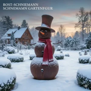 Drei kleine gartendeko schneemann figuren in Rost-Optik mit Schal und Besen.