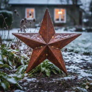 Rostiger Metall-Gartenstecker in Form eines Sterns, ideal als Rost-gartendeko weihnachtssterne im Beet.