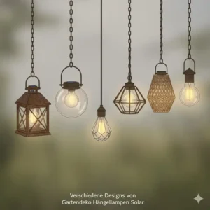 Verschiedene Designs von gartendeko hängelampen solar im Laternen- und Glühbirnen-Stil.