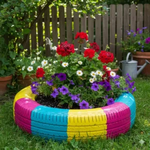 Bunter Upcycling-Blumentopf aus einem alten Autoreifen – eine kreative gartendeko upcycling ideen Idee.