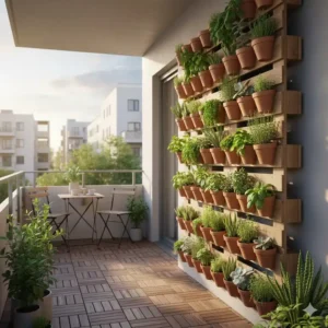 Ideen für vertikalen Garten auf dem Balkon: Platzsparende vertikale Bepflanzungslösung aus Holzpaletten mit verschiedenen Kräutern und Sukkulenten.