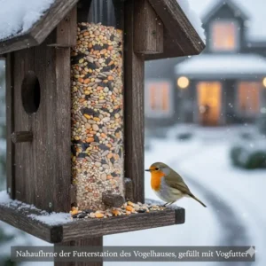 Nahaufnahme der Futterstation des Gartendeko Vogelhaus mit Futterspender, gefüllt mit Vogelfutter.