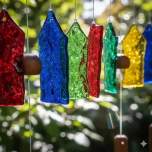Nahaufnahme eines farbigen windspiele glas als schöne gartendeko