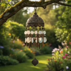 Metall-Windspiel als Gartendeko Hängedeko Outdoor, verziert mit Muscheln am Ast.