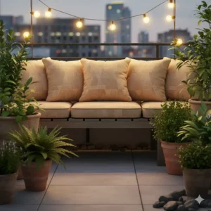 Dekoration auf dem Balkon: Bequeme Gartendeko Bankauflage Modern auf einer Outdoor-Lounge-Bank.