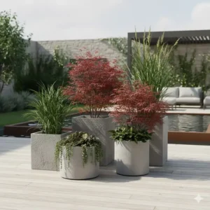 Eckige Pflanzkübel in Betonoptik, ideal für minimalistische Gartendeko