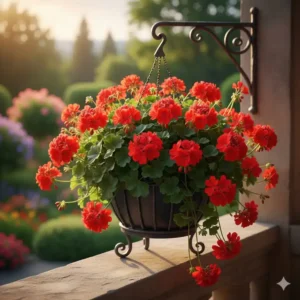 Rote Geranien in einer klassischen Blumenampel als Hängedeko Outdoor Gartendeko.