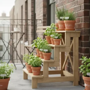 Schmales blumenregal holz treppe für den Balkon, ideal für Kräuter oder kleine Blumen.