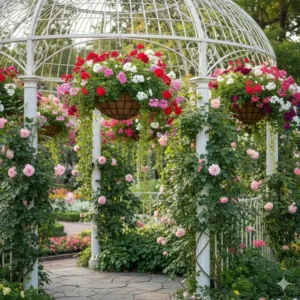 Natürlicher Blumenschmuck und Hängeampeln als Gartendeko Pavillon Schmuck.