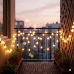 DIY Balkon Deko Beleuchtung: Kreative Lichterkette mit warmweißen Solar-Lichterketten über einem kleinen Balkongeländer.