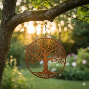 Filigraner Edelrost Lebensbaum in Rost-Optik, eine stilvolle gartendeko am baum hängen zur Akzentuierung.
