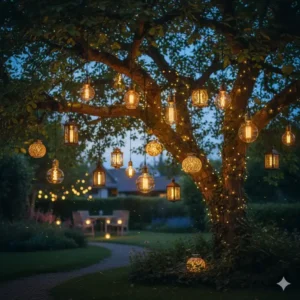 Mehrere gartendeko hängelampen solar hängen als leuchtende Dekoration in einem Baum.