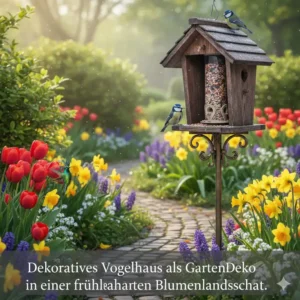 Dekoratives Gartendeko Vogelhaus mit Futterspender in einer frühlingshaften Blumenlandschaft.