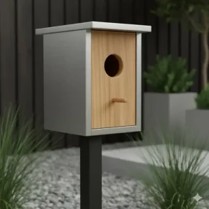 Nahaufnahme eines robusten Gartendeko Vogelhaus modern aus wetterfestem Edelstahl und Holz.