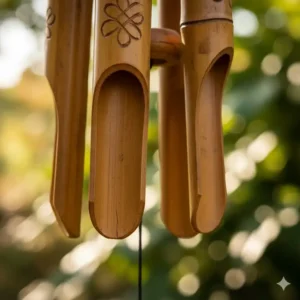 Gartendeko Windspiele Bambus – Detailaufnahme der handgeschnitzten und polierten Bambusrohre.
