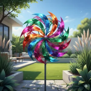 Modernes Metall-Windrad in leuchtenden Farben, detailreich gearbeitet, das einen schönen Lichteffekt erzeugt. Als gartendeko windrad bunt macht es das ganze Jahr Freude.