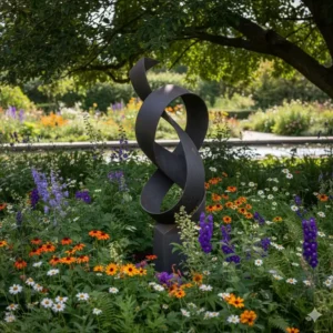 Moderne Gartendeko Tischdeko Garten Skulptur aus Metall als stilvoller Akzent im Blumenbeet.