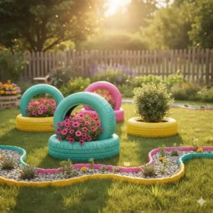 Upcycling alter Autoreifen als bunte gartendeko ideen selber machen und Blumenbeet-Einfassung.