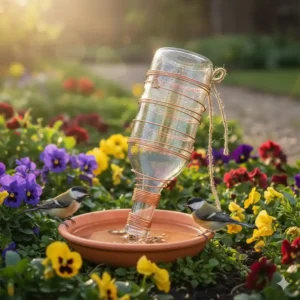 Kreatives Upcycling einer Weinflasche als Vogelhäuschen oder Selbstbewässerungs-Pflanzgefäß, eine praktische Gartendeko aus Altglas.