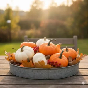 Arrangement von kleinen Gartendeko Kürbis Deko Garten in einer Schale auf rustikalen Holzstufen.