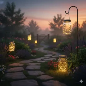 Einmachglas-Laternen als stimmungsvolle Gartendeko aus Altglas entlang eines Gartenwegs in der Dämmerung mit LED-Lichterketten.