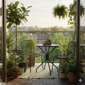 Kleines, wetterfestes Bistro-Set auf einem Balkon, umgeben von grünen Pflanzen für eine gemütliche Sitzgelegenheit.