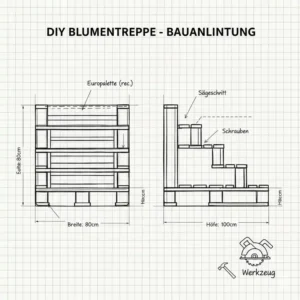 Skizze oder Bauplan für eine blumentreppe diy (do-it-yourself) aus Palettenholz.