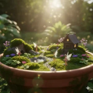 Miniatur-Szene mit Feen-Figuren Gartendeko Blumentopf und kleinem Haus in einem bemoosten Pflanzgefäß.