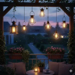 Gemütliche gartendeko hängelampen solar über einer Sitzecke unter einer Pergola.