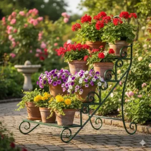 Mehrstufige Gartendeko Pflanzenständer Metall genutzt als Blumentreppe für Töpfe.